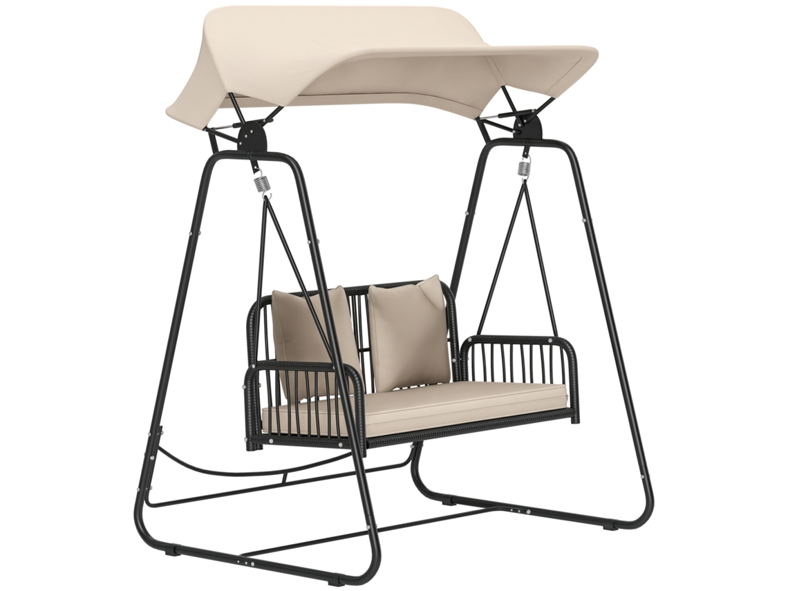 Balanço de Jardim Rattan 2 Lugares com Toldo Solar e Almofadas,240kg,149x121x180cm,caqui BTFORUS