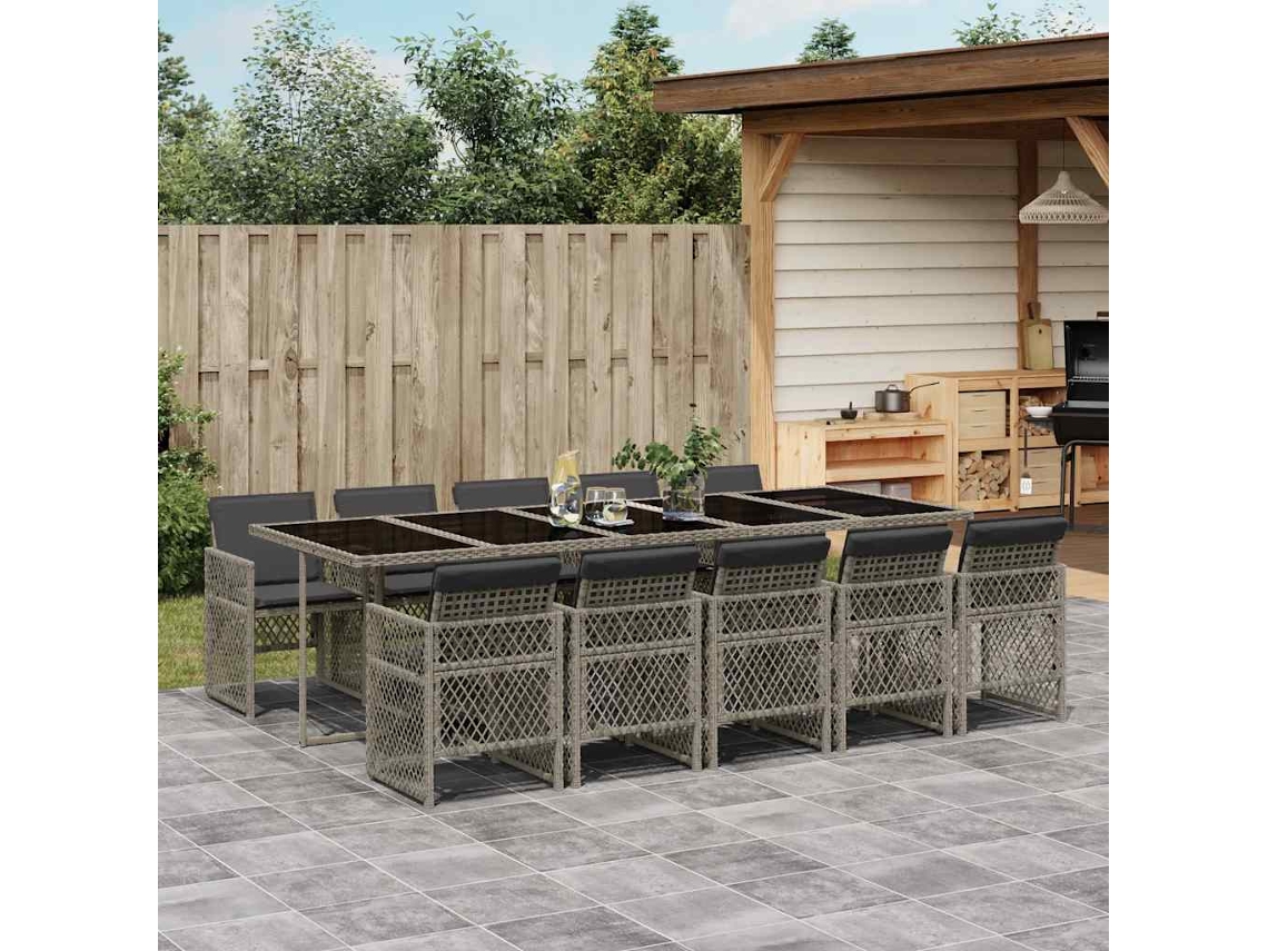 Vidaxl 11 Pcs Conjunto Jantar P/ Jardim C/ Almofadões Vime Pe Cinzento
