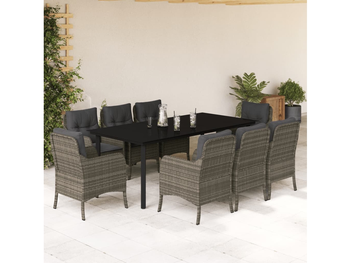 Vidaxl 9 Pcs Conjunto De Jantar P/ Jardim C/ Almofadões Vime Pe Cinza