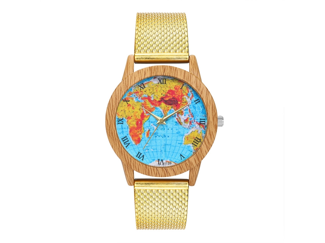Reloj De Cuarzo Unisex Pareja Dial Mapa Colorido Madera Oro