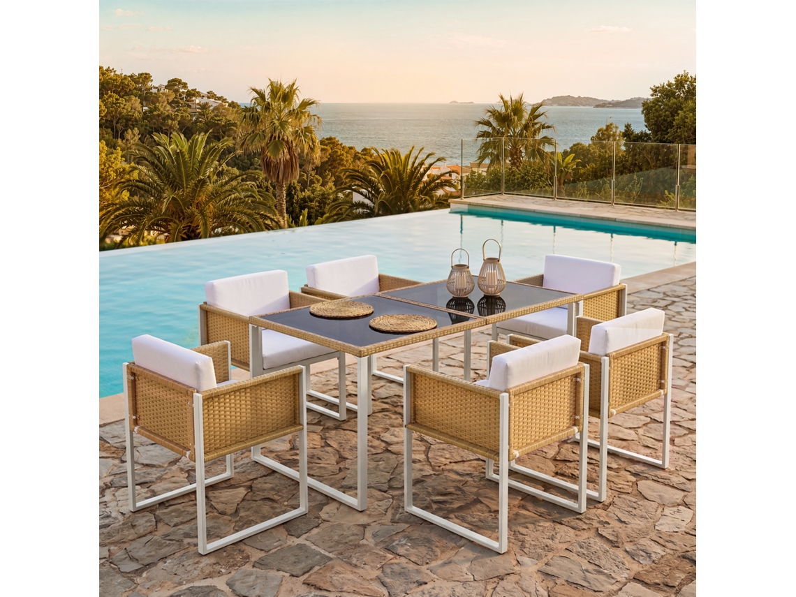 Conjunto Mesa e Cadeiras Jardim VELTRIX, polirratã, 6 pessoas, braços lavável