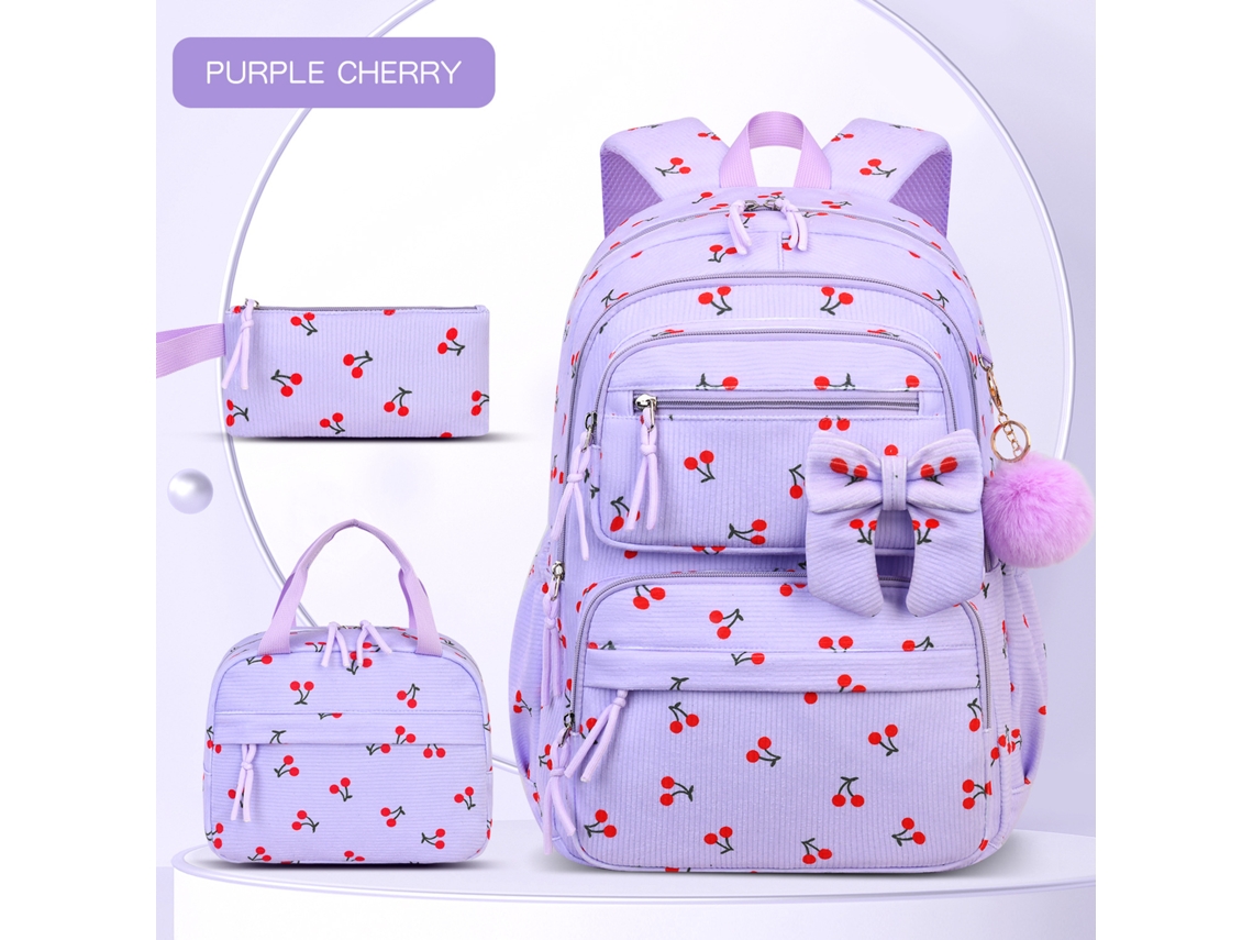 Conjunto De Três Peças Com Mochila Às Costas Com Padrão De Cerejas Roxas