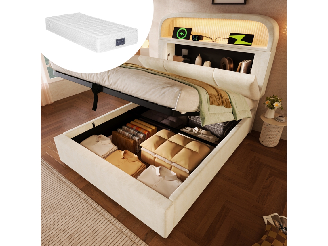 Cama Solteiro 90x200cm Veludo Bege Com Armazenamento, Led E Portas Usb/type-c