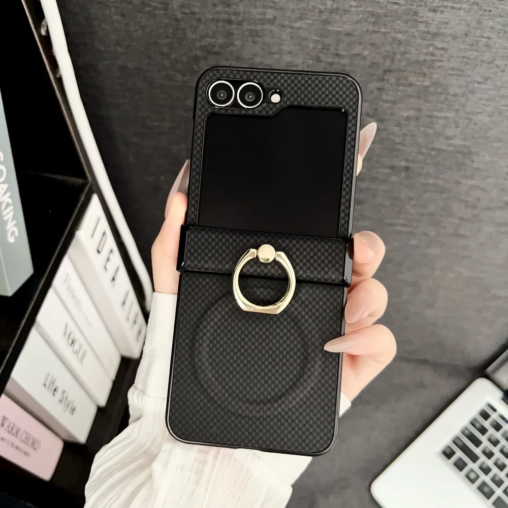 (preto, Galaxy Z Flip5) Capa Magnética Para Celular Em Couro Com Padrão Quadriculado E Suporte De Anel Articulado