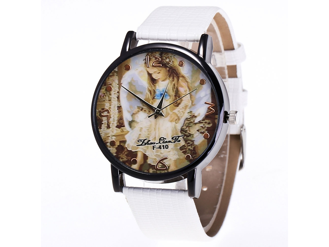 Relógio feminino de quartzo com pulseira de couro PU, mostrador redondo e estampa de anjo (branco)