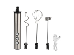 Frother de Leite Elétrico Portátil USB, 3 Velocidades, 3 Cabeças em Aço Inoxidável, Batedor de Ovos
