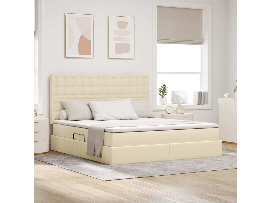 Vidaxl Cama Com Arrumação E Colchão Creme 180 X 200 Cm Tecido