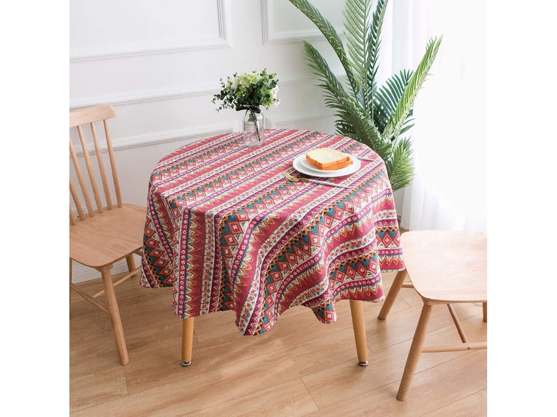 Lurelia Toalha De Mesa Redonda Algodão Linho Vermelho 150x150cm 3 Cm Geométrico Macio
