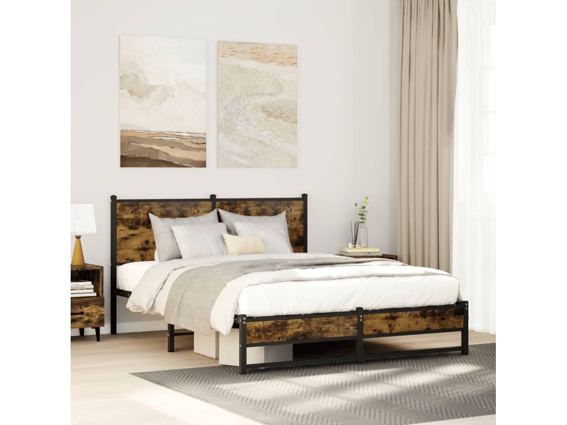 Vidaxl Estrutura De Cama Sem Colchão 137x190 Cm Metal Carvalho Fumado