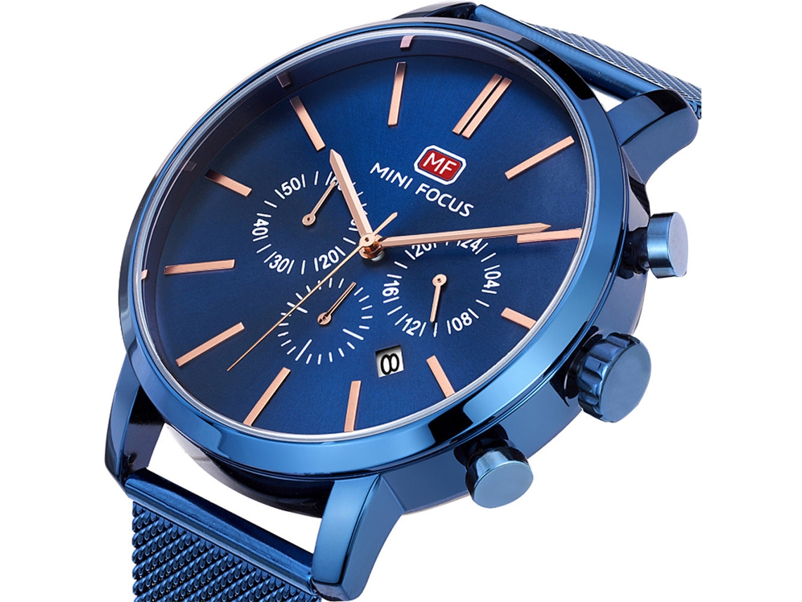 Relógio de pulso masculino Mini Focus Quartz redondo multifuncional azul à prova d'água