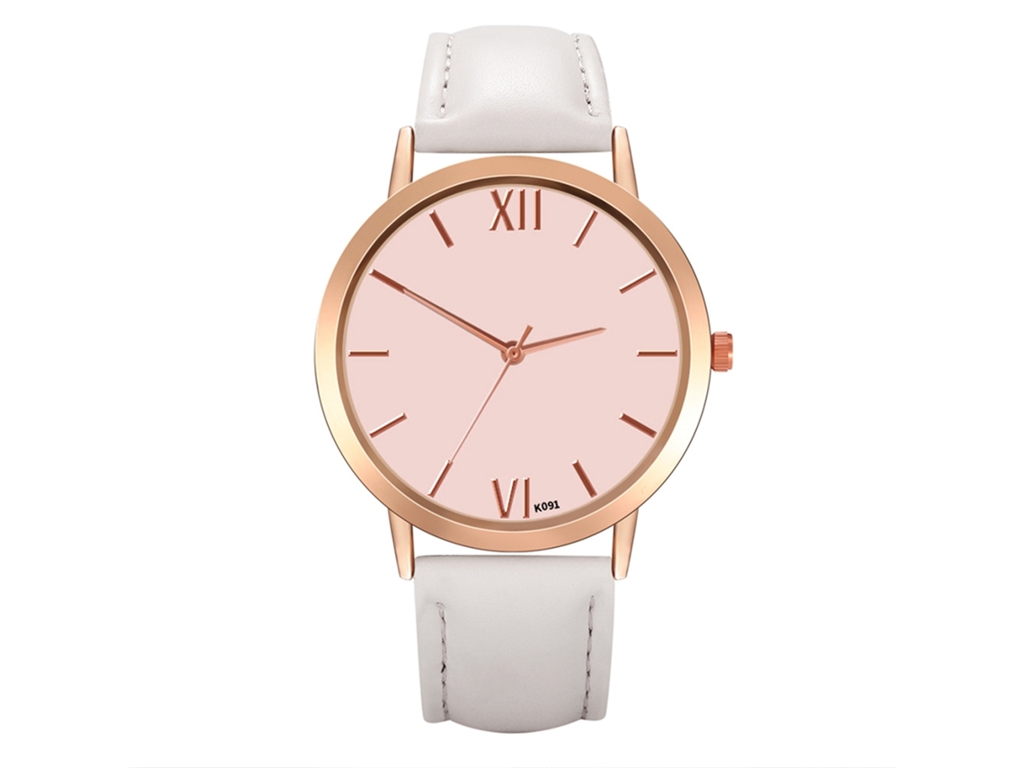 Relógio de Pulso Feminino de Couro Pu Casual Quartzo Mostrador Redondo Branco