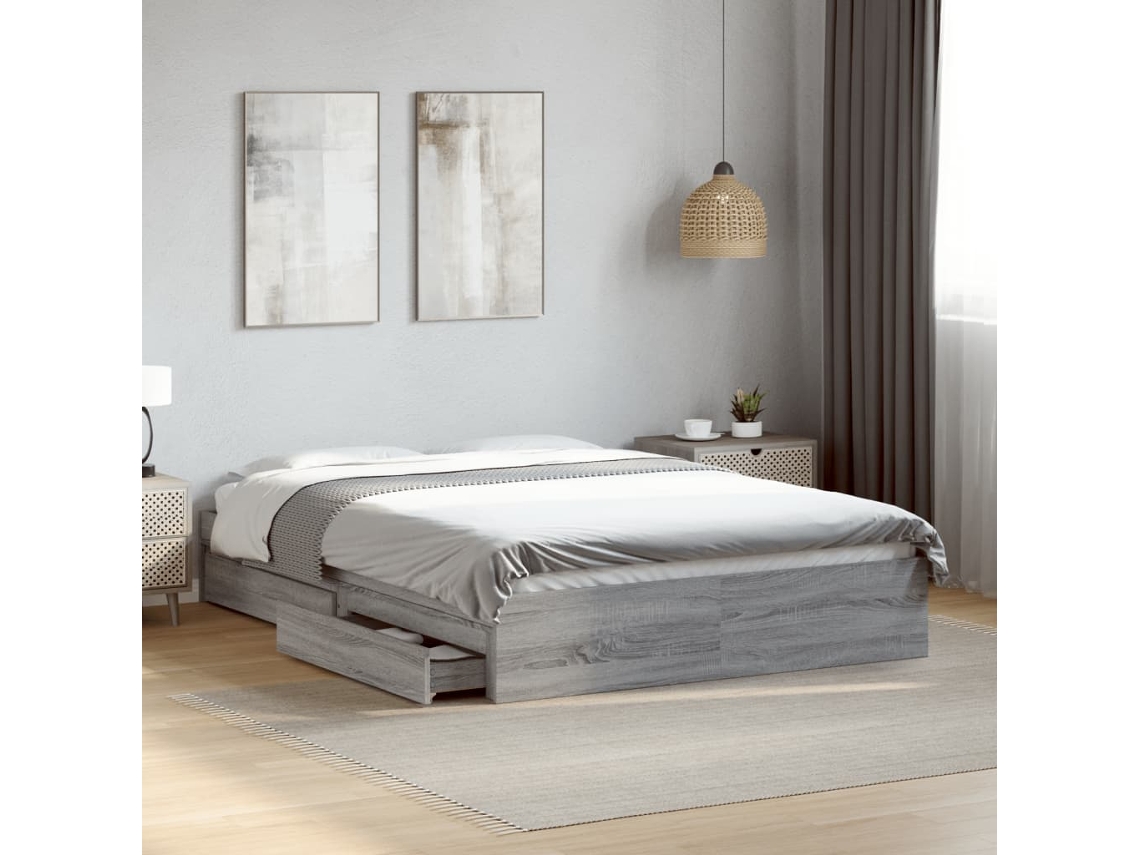 Estrutura De Cama C/ Gavetas Derivados Madeira Cinza Sonoma