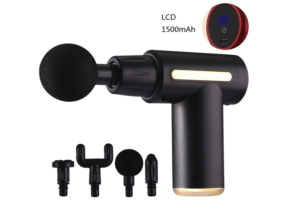 Mini massageador muscular USB Brilvibera com tela LCD e terapia de percussão profunda.