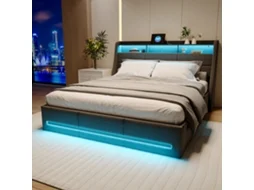 Cama De Casal 140x200 Cm Com Armazenamento Hidráulico | Cama Led Com Portas Usb | Cabeceira E Peseira Com Iluminação | Estrutura Estofada Cinzenta