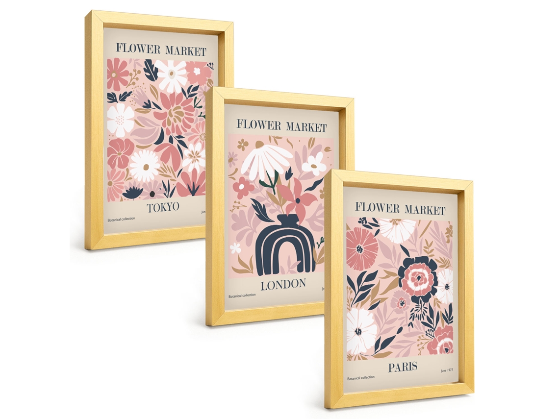 Pinturas Murais Modernasmotivos Florais Tóquio Londres Paris Moldura Dourada Fotos Para O Corredor Espelharte (3 Peças 20x30 Cm)