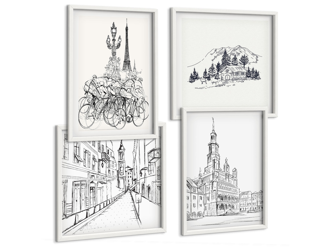 Composição De Quadros Desenhos Simples De Paisagens Urbanas Moldura Branca Imagens Para Um Quarto Infantil Espelharte (conjunto De 4 Imagens)