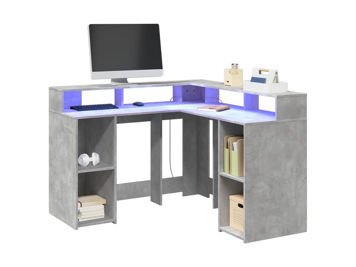 Vidaxl Secretária Luzes Led 130x130x91cm Deriv. Madeira Cinza Cimento