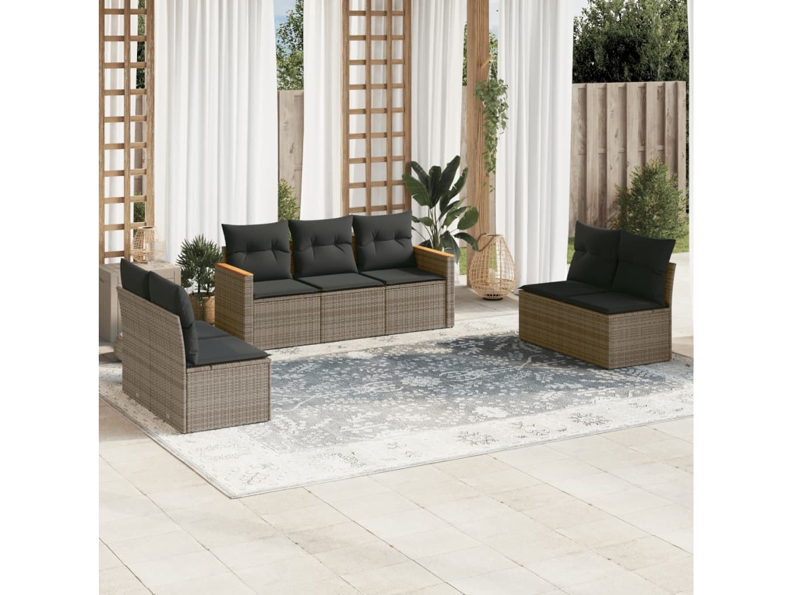 Vidaxl 7 Pcs Conjunto Sofás P/ Jardim C/ Almofadões Vime Pe Cinzento