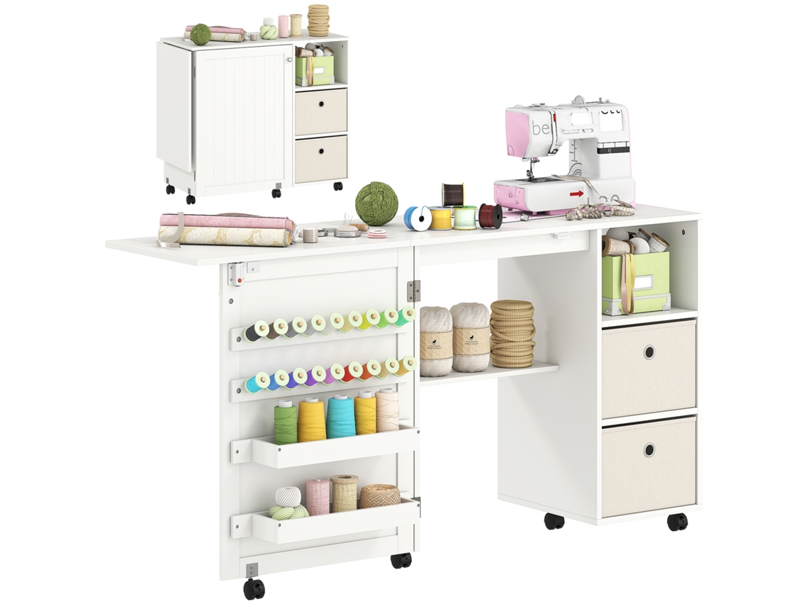 Mesa Costura Dobrável C/ 6 Rodas, 18 Pinos Linhas E 2 Gavetas, 146,4x40x77,5 Cm, Branco