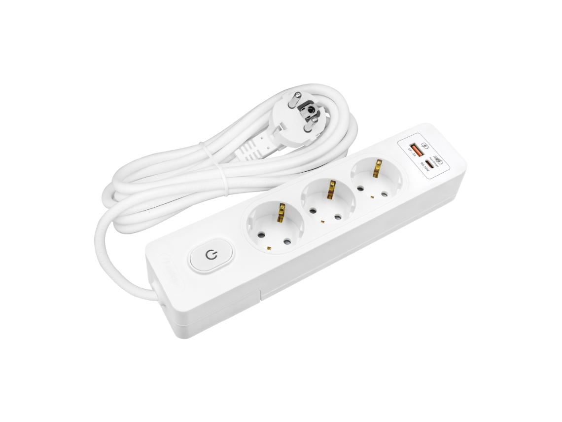 Multiplicador SELDUR G3Th12B 3 Tomadas Tipo F + Interruptor Usb A+C Carregamento Rápido 20W Branco Cabo 1 5 M