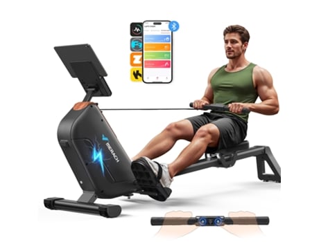Remador eletromagnético Merach, 16 níveis de resistência, autoalimentado, display LCD, conexão com aplicativo, dobrável, carga máxima de 158 kg