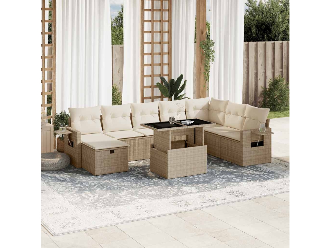 Vidaxl 9 Pcs Conjunto De Sofás P/ Jardim Com Almofadões Vime Pe Bege