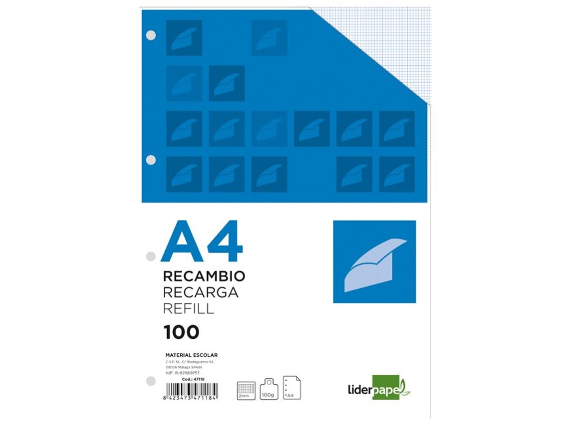 Recarga de Folhas LIDERPAPEL 100 h 100g/m² com margem (A4)