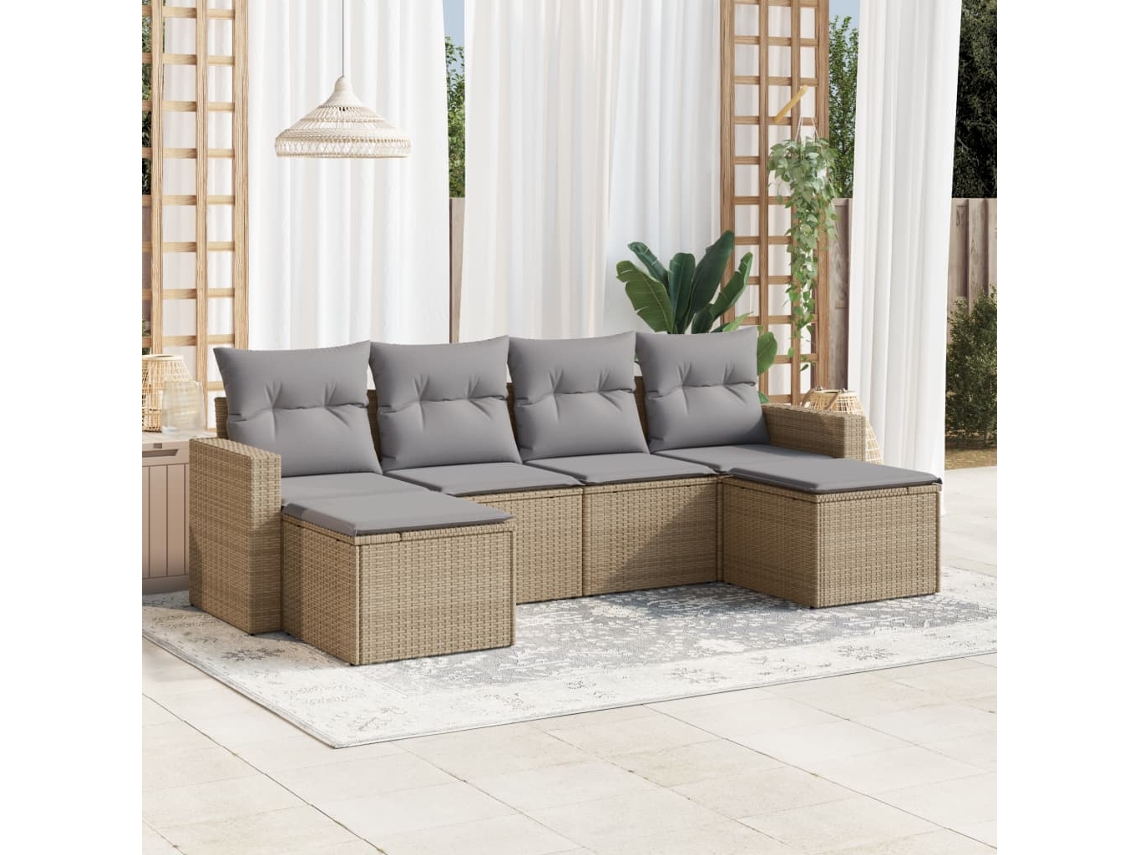 Vidaxl 6 Pcs Conjunto De Sofás P/ Jardim Com Almofadões Vime Pe Bege