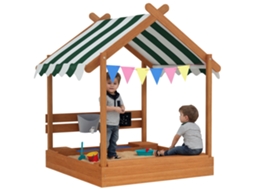 Caixa de areia infantil verde em madeira tratada, estilo casinha de brincar com conjunto de brinquedos, ideal para exterior, 124x116x146 cm.