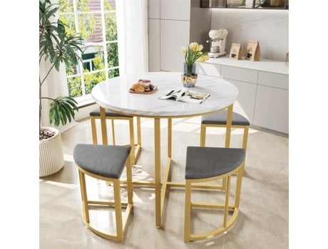 Conjunto De Mesa Com 4 Cadeiras, Tampo Redondo Em Mdf, Estrutura Em Ferro Folheado A Ouro, Cadeira Em Veludo, D80x75cmd33x46cm, Cinza Dreammespace
