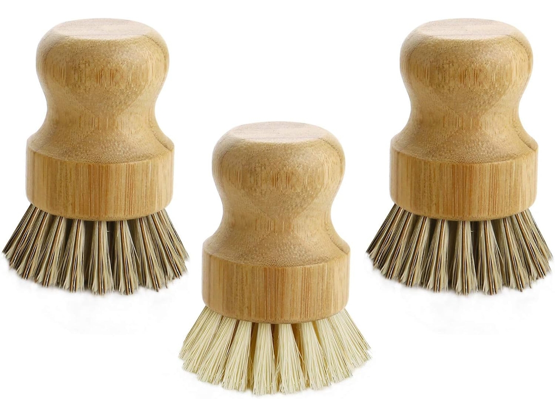 Escova De Bambu Para Panelas, Mini Escova Redonda De Bambu Para Limpeza Louças