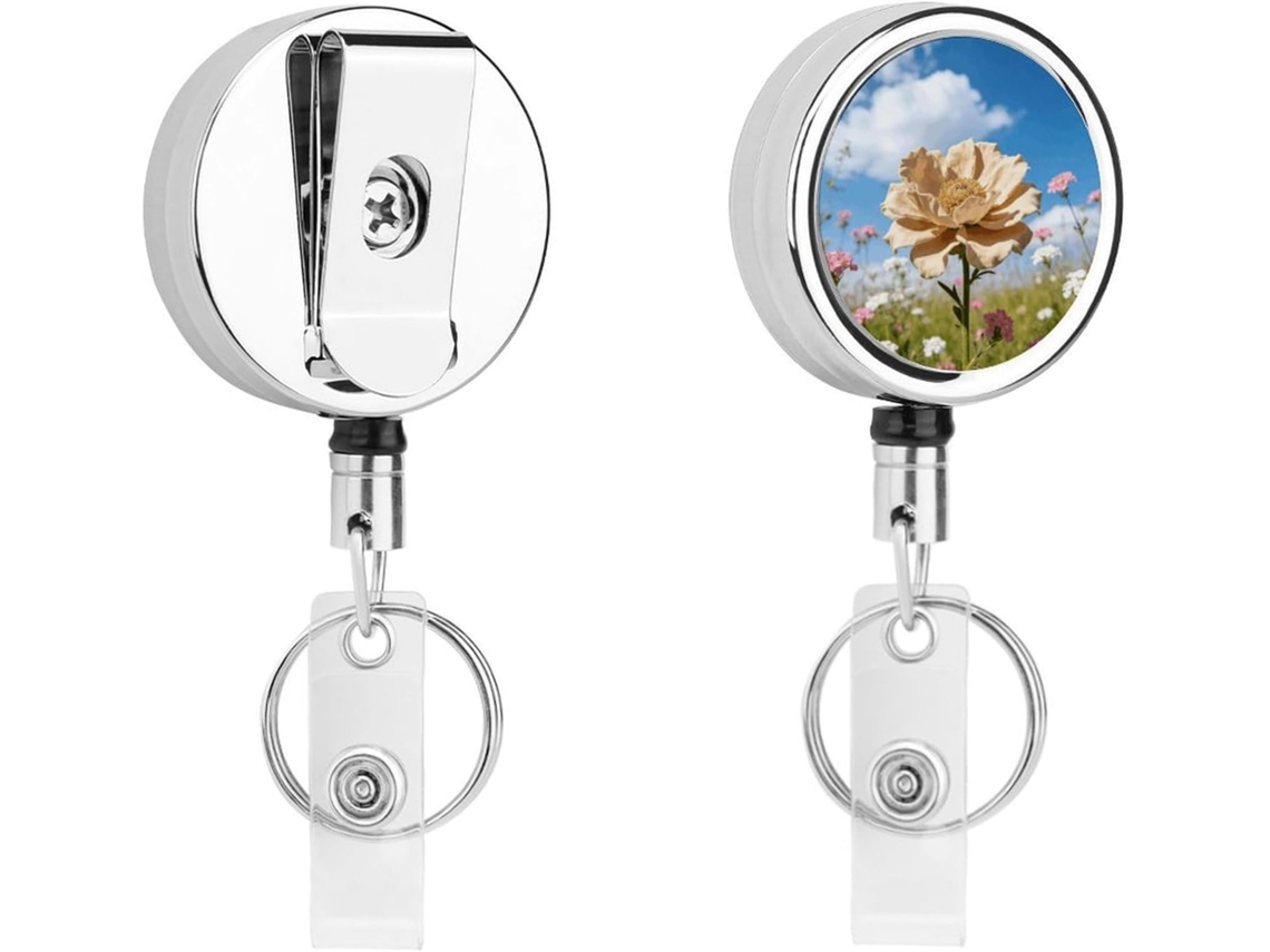 Porta Crachá Retrátil Em Metal Bege Em Formato De Flor, Portátil, Com Cabo De Aço Inoxidável De 67cm E Chaveiro Para
