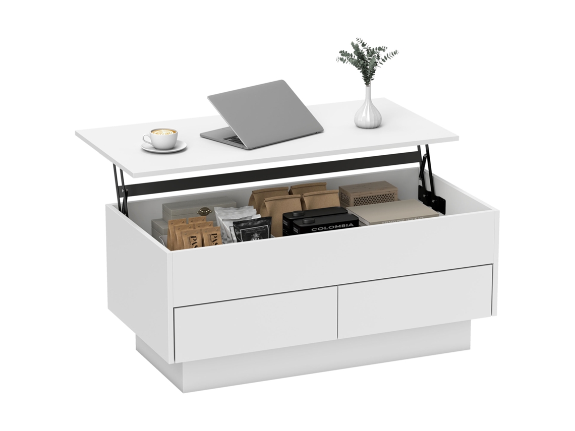 Mesa De Centro Retrágica, Na Cor Branco, Com Compartimento Escondido E 2 Gavetas, Design Prático E Funcional, 100 X 50 X 44 Cm