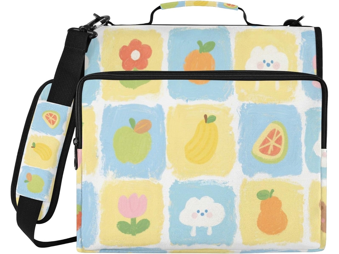 Bolsa Organizadora Portátil De 3, 8cm Com Estampa De Urso E Flor Em Amarelo Azul, 3 Argolas Com Zíper, Alça, Vários