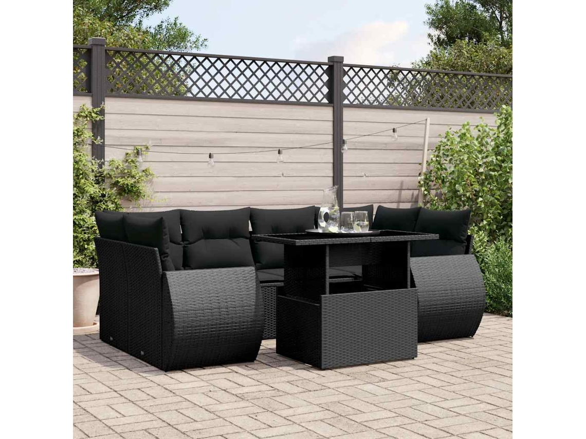 Vidaxl 7 Pcs Conjunto De Sofás P/ Jardim C/ Almofadões Vime Pe Preto
