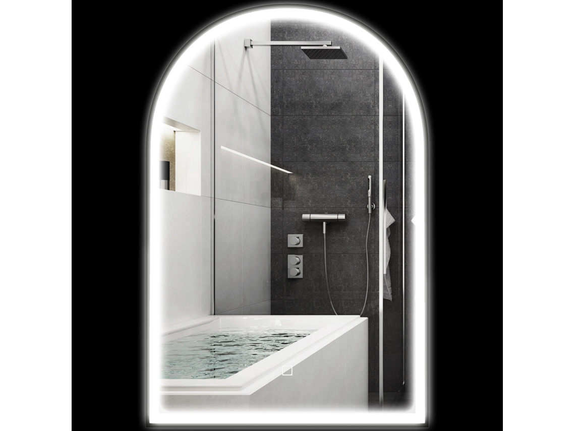 Miroir De Salle De Bain Led 90 X 60cm, Mural, 3 Couleurs, Arqué Cadre En Aluminium, Désembuage Et Interrupteur Tactile