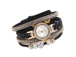 Relógio de Pulso Feminino de Strass Multicamadas com Cordão Trançado Quartzo Preto