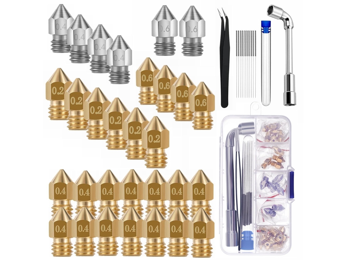 Kit Com 30 Bicos De Latão Para Impressoras 3d: 0,4 Mm, 0,2 Mm E 0,6 Mm, Compatíveis Com As Séries Creality Ender 3/ Ender 5 Pro/ Ender 3 Neo/ Cr 10