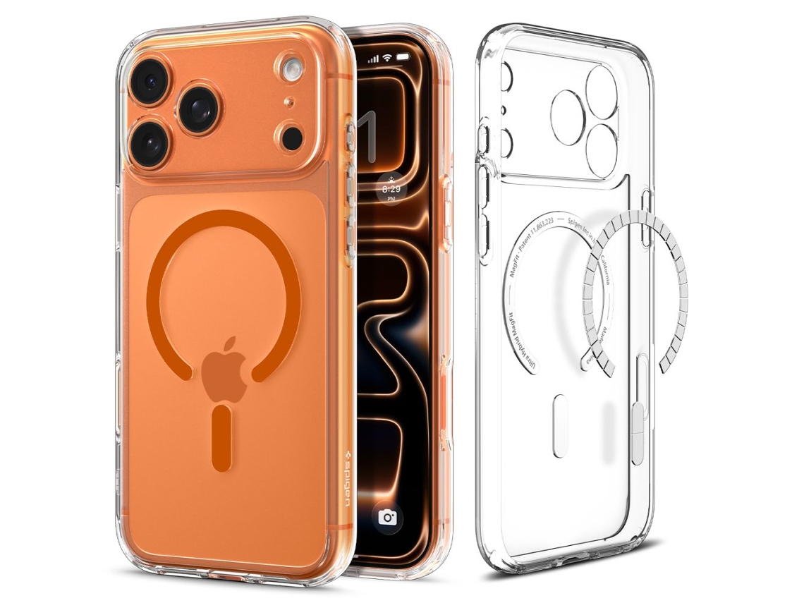 Capa Magnética Híbrida Spigen Ultra Para Iphone 17 Pro Magsafe, Transparente E Laranja.