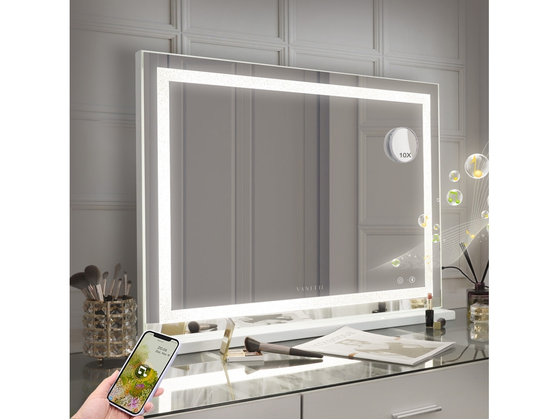 Espelho De Maquilhagem Bluetooth Hollywood Com Luzes Cristal Com Carregamento Usb Mesa-Parede 80 X 58 Cm FENCHILIN (Outlet Grade A)