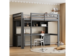 Cama Crianças 90x200cm Mesa Armazenamento Escada Estável Cinza