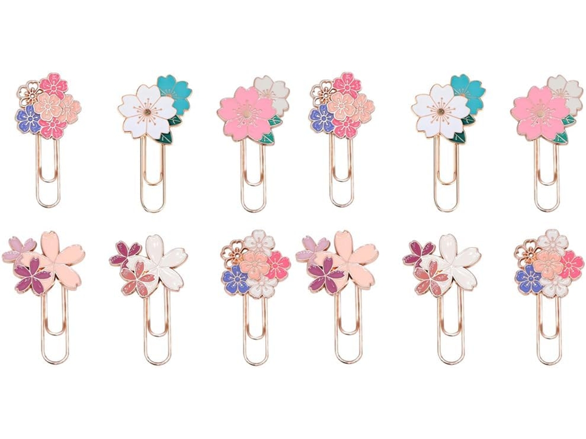 Conjunto De 12 Marcadores Livros Em Formato Flor Cerejeira, Clipes De Papel Em Liga Zinco, Pequenos Alfinetes De Desenho