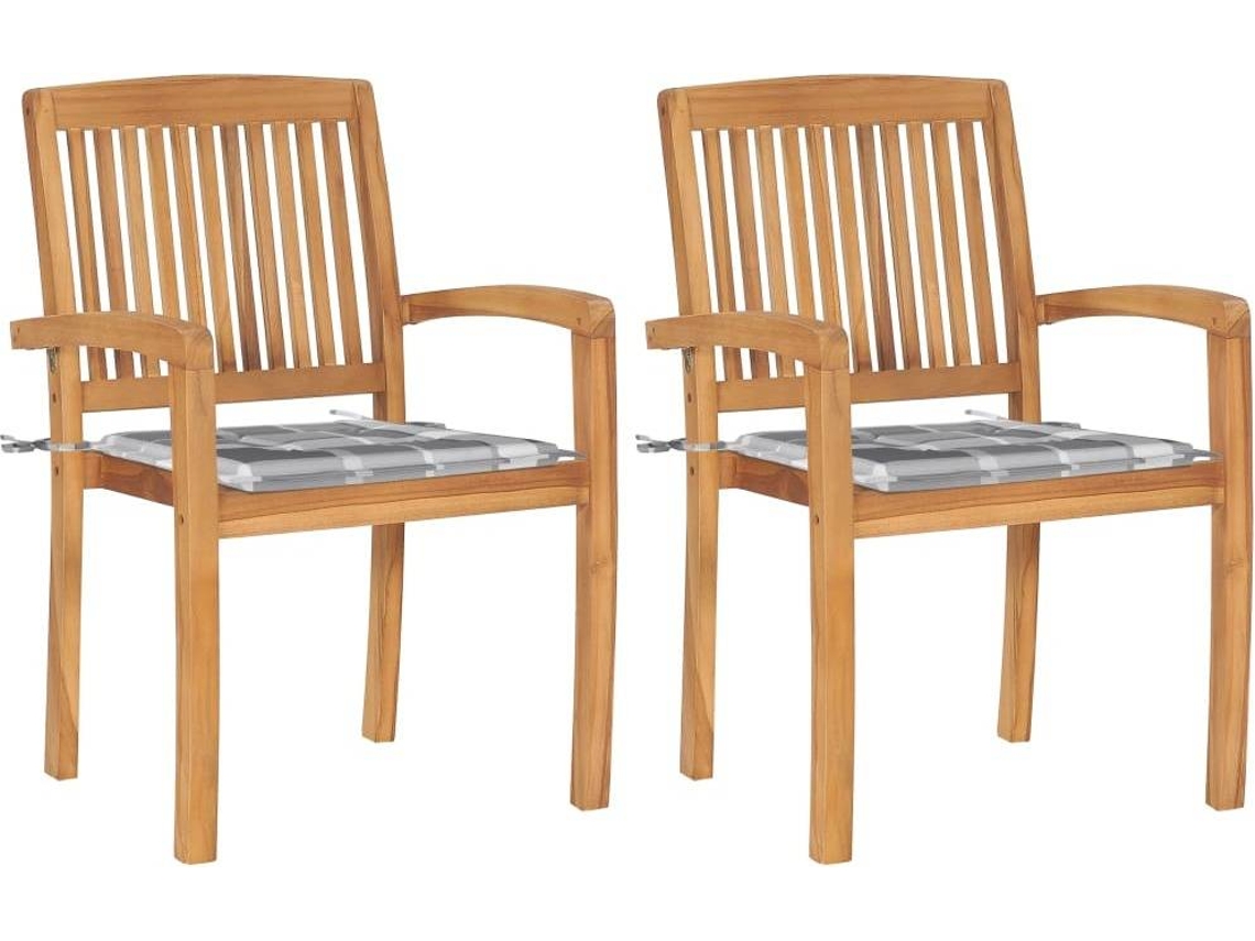 vidaXL Cadeiras jardim c/ almofadões xadrez cinzento 2 pcs teca maciça
