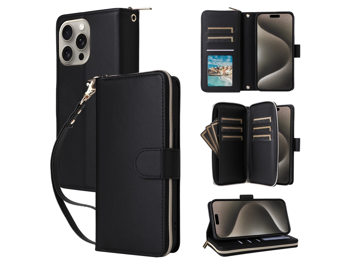 Capa Para Iphone 15 Pro Pele Sintética Com Porta-cartões Preto