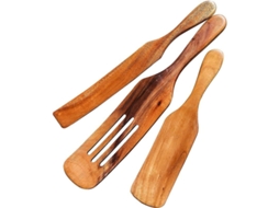 Rebe-set De 3 Utensílios De Cozinha De Teca Natural: Espátula Furada, Colher E Escorredor Para Cozinhar E Misturar