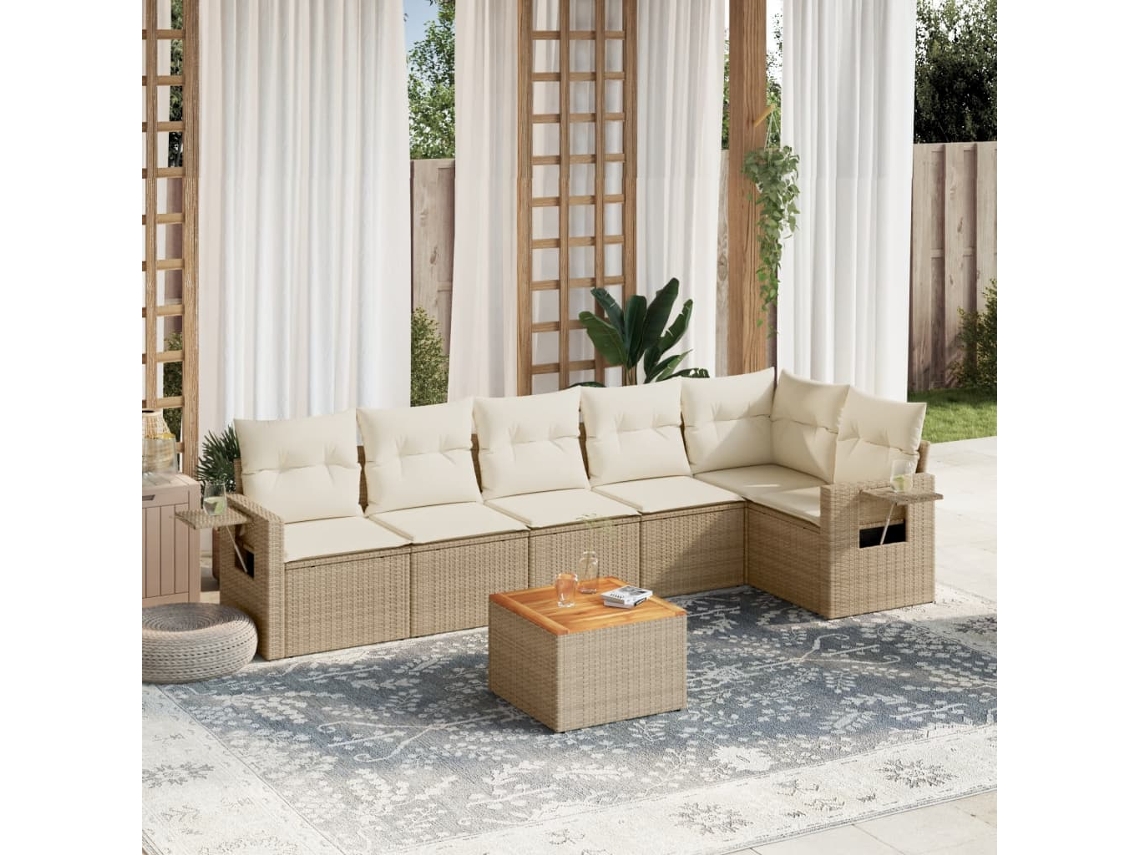 Vidaxl 7 Pcs Conjunto De Sofás P/ Jardim Com Almofadões Vime Pe Bege