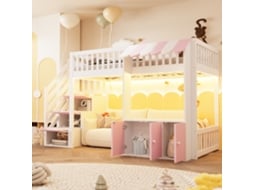 Cama Madeira Infantil 90x200 Escada Guarda Roupa Led Rosa Funcional