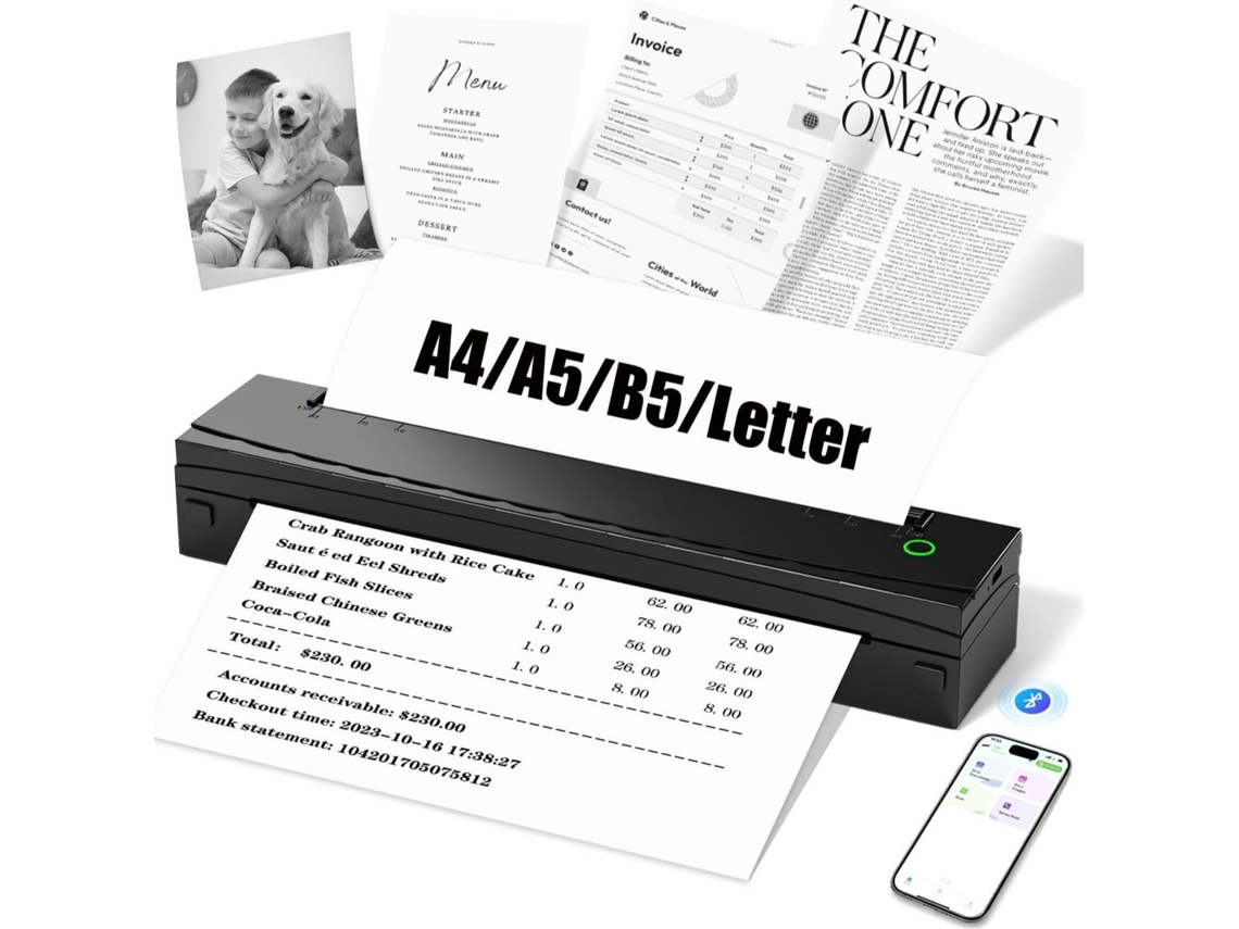 Impressora Térmica Portátil A4 D80 Preta Bluetooth Sem Tinta Para Alunos Sfushos (20 Folhas 216mm Incluídas)
