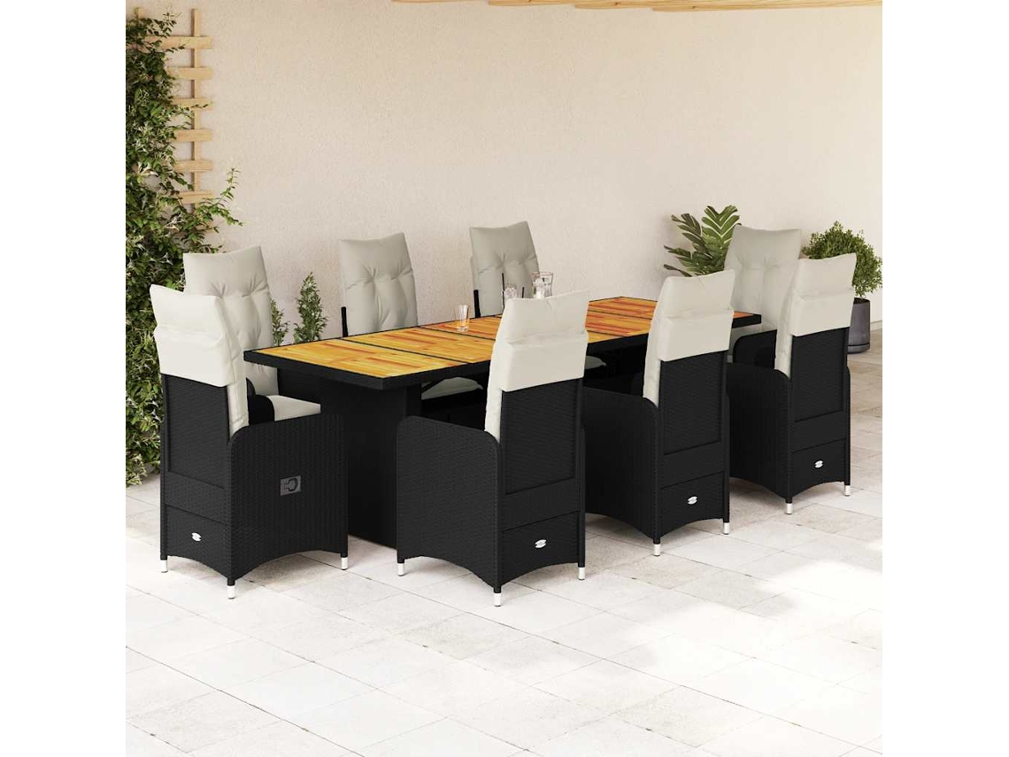 Vidaxl 9 Pcs Conjunto De Bistrô P/ Jardim C/ Almofadões Vime Pe Preto