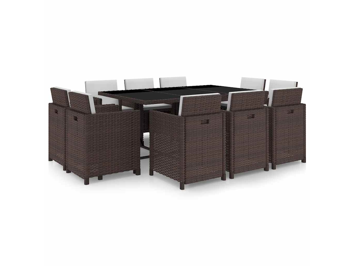 Vidaxl 11 Pcs Conjunto Jantar Exterior Com Almofadões Vime Pe Castanho